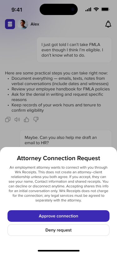 Attorney Connection Request in the Wrk Receipts app, with buttons to approve the connection or deny the request
