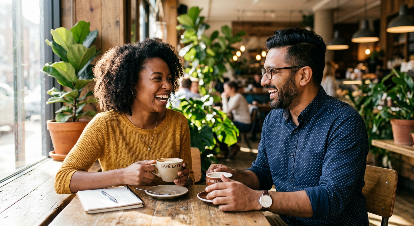 Two coworkers laughing together over coffee at a sunny cafe table