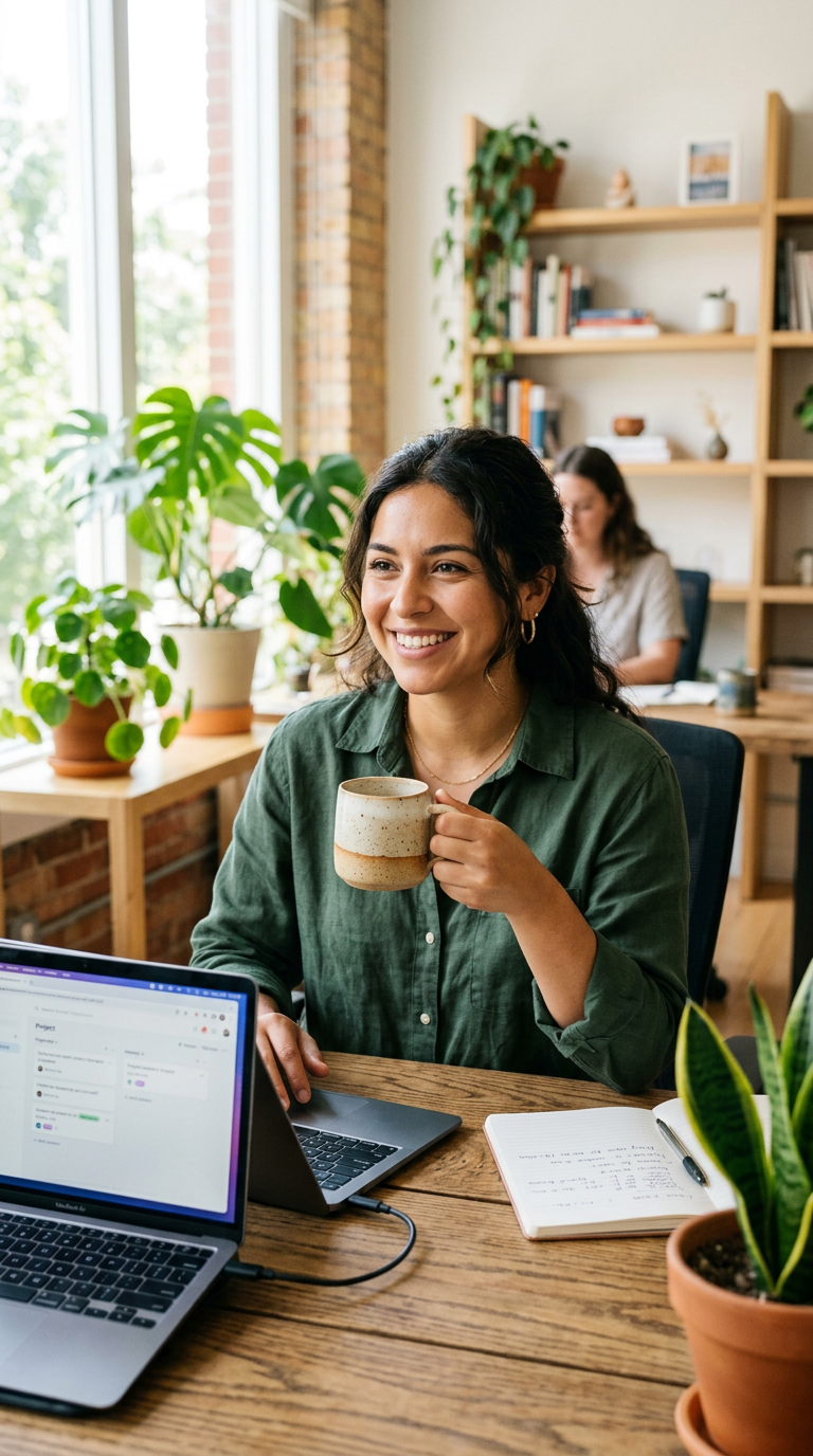 A woman smiling at her laptop while holding a mug at her desk