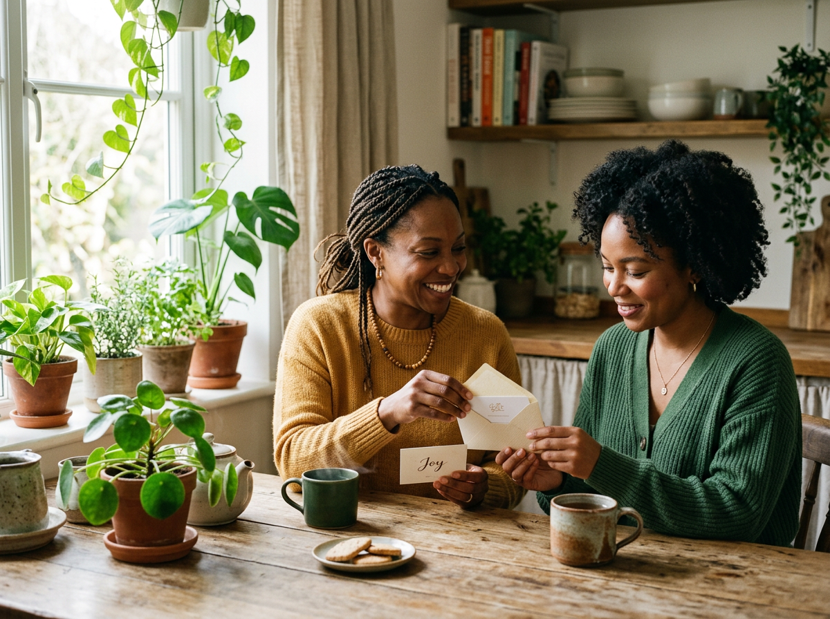 One friend handing another an envelope with a gift card at a sunlit kitchen table