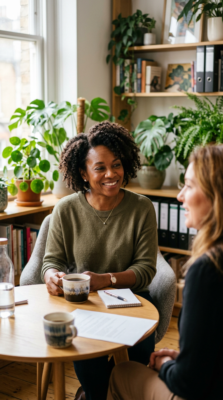 A Caged Bird HR advisor smiling and listening to a client over coffee