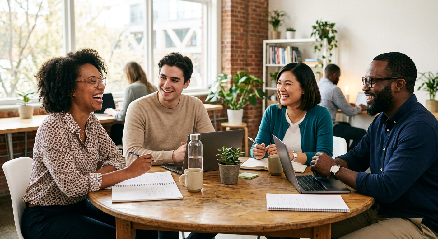 A small team laughing during a relaxed meeting around a wooden table