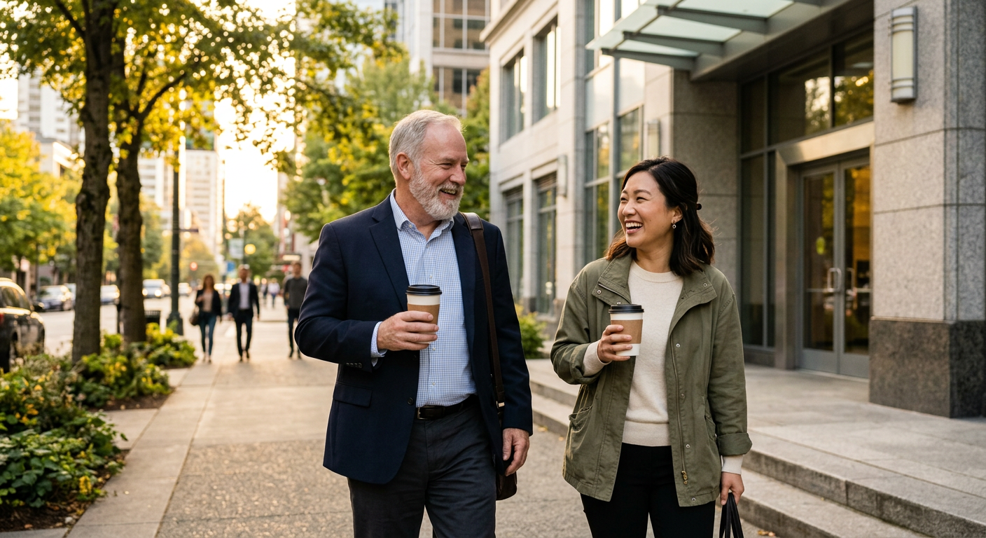 Two colleagues walking outside with takeaway coffee, smiling and chatting