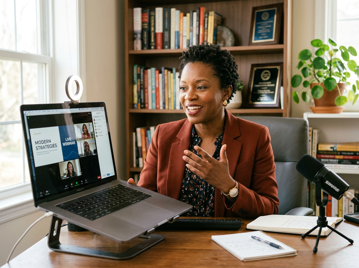 A speaker presenting to a live webinar audience from her home office
