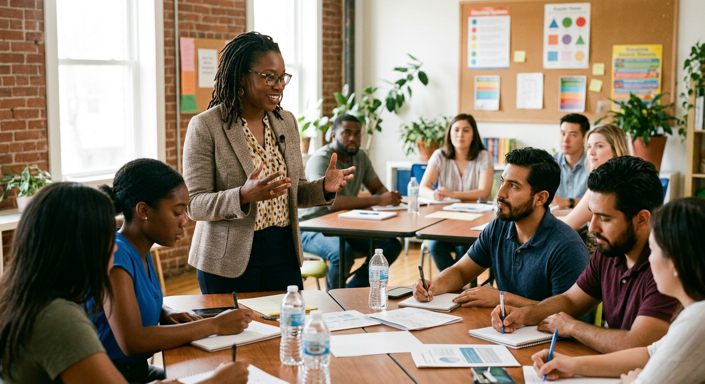 A Worklution facilitator leading a workforce training session with early-career professionals